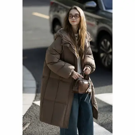 唐狮秋冬季女连帽超长款羽绒服过膝保暖时尚百搭棕色羽绒外套TUTA商品大图