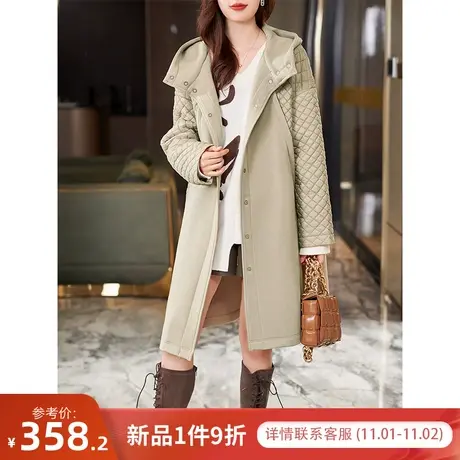 宝诗黎连帽格子拼接中长款开衫外套女2023秋冬季新款宽松休闲大衣图片