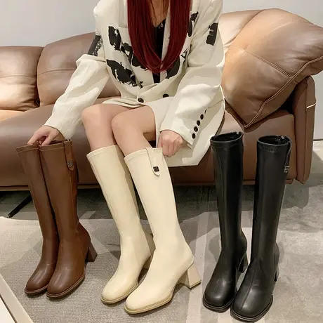不过膝长筒靴女秋冬款显瘦高筒靴女2023时尚粗跟骑士靴方头瘦瘦靴图片