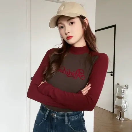 尔给美式显瘦长袖内搭上衣女秋冬2023新款设计感小众半高领打底衫图片