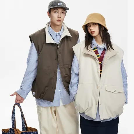 潮牌复古纯色棉服女2023新款情侣外穿棉马甲冬季宽松oversize棉衣商品大图
