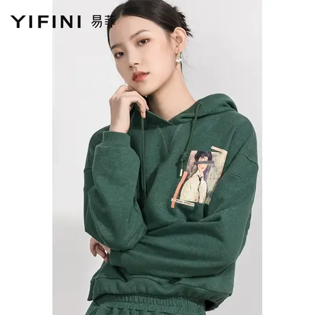Yifini/易菲宽松短款连帽长袖卫衣女2023春季新款纯棉上衣百搭商品大图