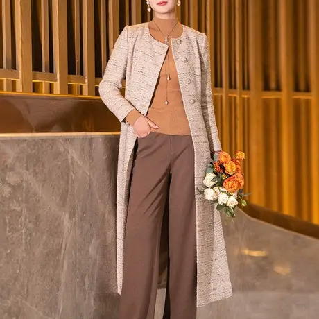 咖色小香风毛呢大衣女秋冬2023新款时尚气质单排扣中长款羊毛外套图片