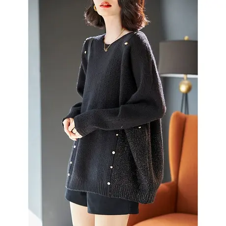 宝诗黎圆领拼接亮丝钉珠蝙蝠长袖毛衣女设计感打底针织衫2023新款商品大图