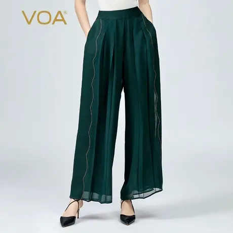 VOA真丝双面乔自然腰隐藏侧拉链立体明线装饰透气桑蚕丝阔腿裤商品大图