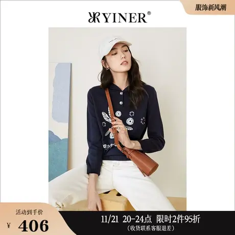YINER音儿线上专选女装2023春季兔年LOGO印花设计连帽针织衫商品大图