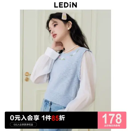 乐町甜美针织拼接短上衣女2023秋季新款清新设计感雪纺衫图片