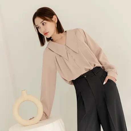 桔熊秋季设计感套头衬衫别致翻领泡泡袖不易皱上衣女大码AB18968商品大图