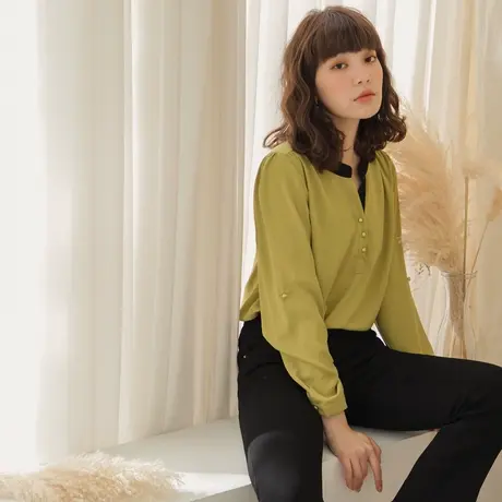 桔熊春秋季通勤衬衣撞色不易皱宽松卷边长袖上衣女装大码AB11367商品大图