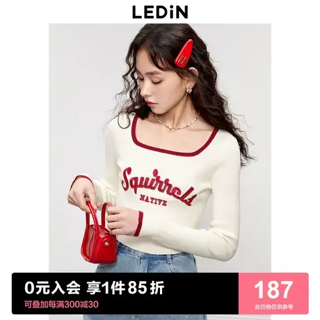 乐町方领修身短上衣女美式休闲字母打底衫2023秋季新款长袖针织衫商品大图