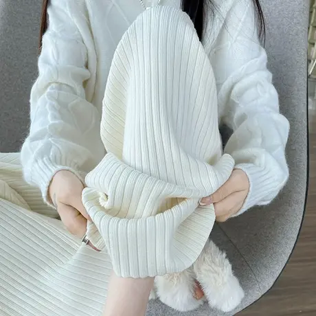 米白色加厚针织休闲裤女秋冬季高腰宽松显瘦阔腿直筒抽绳拖地裤子商品大图