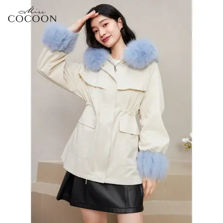 MISSCOCOON狐狸大毛领皮草外套女2022新款冬季加绒保暖连帽派克服商品大图