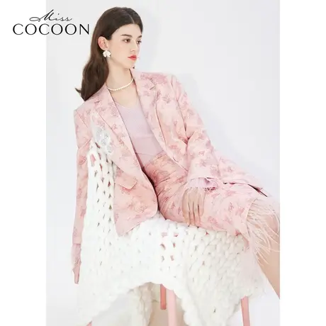 可可尼COCOON粉色新中式西服女士2025夏季新款提花刺绣小西装外套商品大图