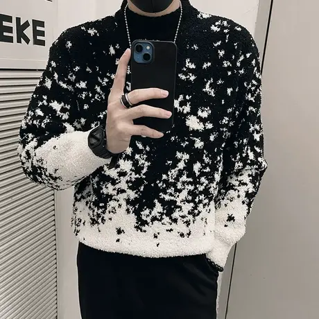 高级感渐变拼色毛衣男冬季2023新款轻熟风休闲加厚套头针织打底衫商品大图