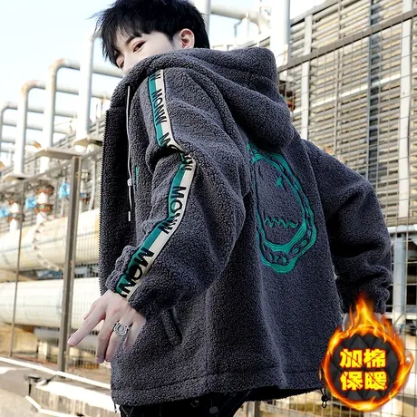 潮牌羊羔毛外套男士连帽加厚冬装棉衣服韩版帅气夹克学生冬季棉袄图片