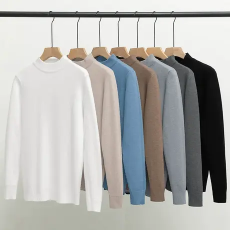 半高领毛衣男秋冬季保暖纯色白色针织衫线衣一体绒加厚中领打底衫商品大图