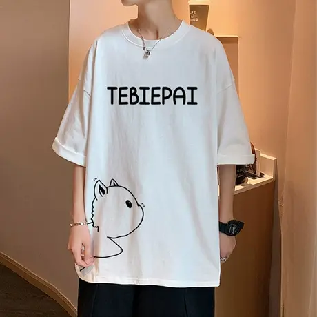 夏季港风宽松短袖T恤男ins潮百搭卡通印花潮牌体恤纯棉半袖上衣服商品大图