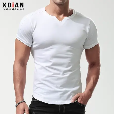 男士个性小V领前短后长修身紧身紧身纯棉短袖T恤夏季弹力体恤纯色商品大图