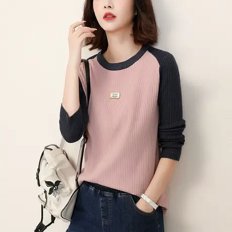 韩潮袭人插肩袖撞色圆领套头毛衣女冬季新款长袖打底针织衫商品大图