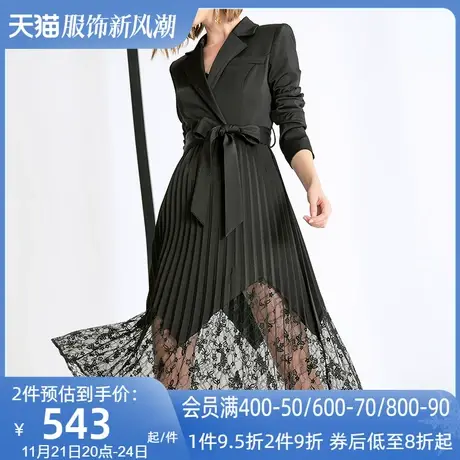 黑色职业设计感拼接蕾丝西装女秋2022新款不规则中长款百褶外套潮图片