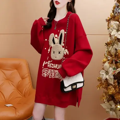 加绒加厚卫衣女中长款2024新款早春季宽松设计感复古港风chic上衣图片