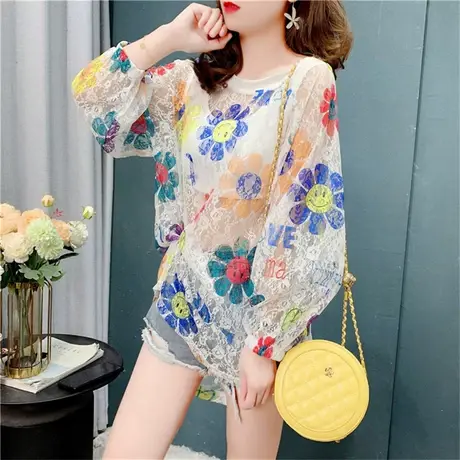 镂空钩花T恤女2022夏季新款韩版洋气百搭设计感透气减龄防晒上衣商品大图