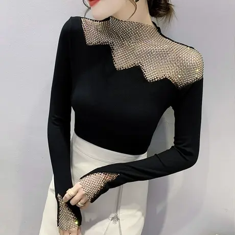半高领修身打底衫女内搭秋冬性感镂空长袖T恤洋气设计感加绒上衣商品大图