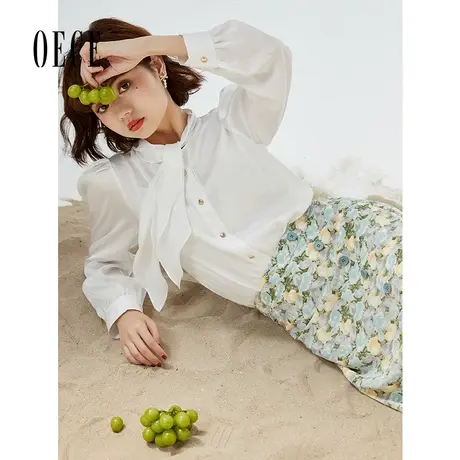 Oece通勤白色衬衫春秋新款女设计感法式系带长袖衬衣上衣商品大图
