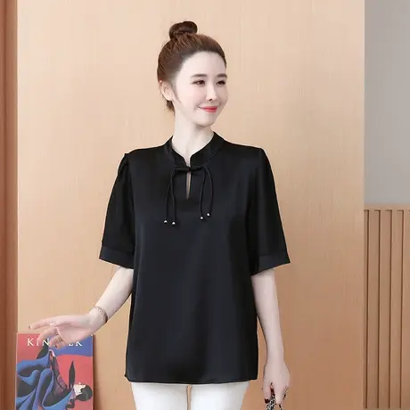 复古大码衬衫2023夏季新款短袖宽松遮肚子时尚衬衣洋气质缎面小衫图片