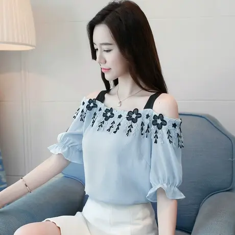 2023夏装新款韩版百搭很仙的一字肩上衣超仙洋气短袖露肩雪纺衫女图片