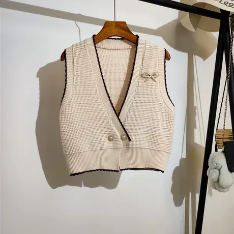 小香风针织马甲开衫女秋冬新款v领叠穿修身显瘦无袖毛衣背心外穿图片