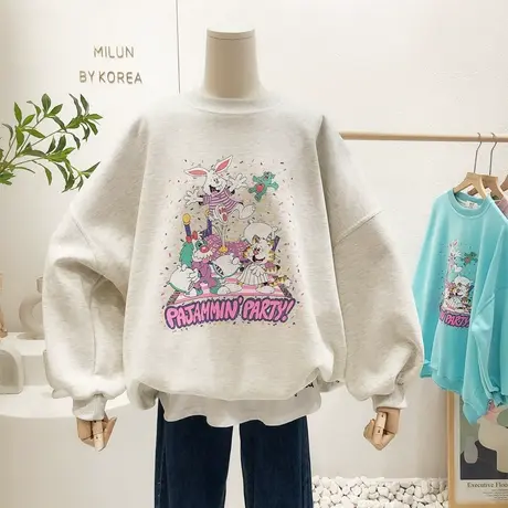 ins设计感卡通兔子圆领卫衣2022春季新款韩国东大门外套上衣慵懒图片