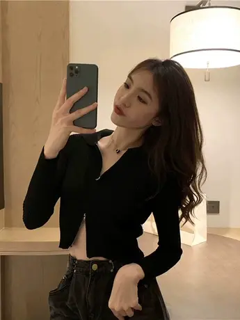 双头拉链慵懒针织打底衫女2024秋季长袖高腰设计感遮肉短款上衣潮商品大图