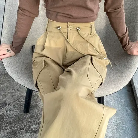 美式卡其色抽绳工装休闲裤女秋冬新款百搭街头束脚阔腿运动长裤子商品大图
