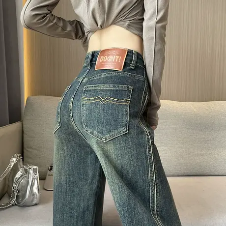 美式复古高街牛仔裤女春秋新款高腰显瘦宽松直筒百搭阔腿拖地裤子商品大图