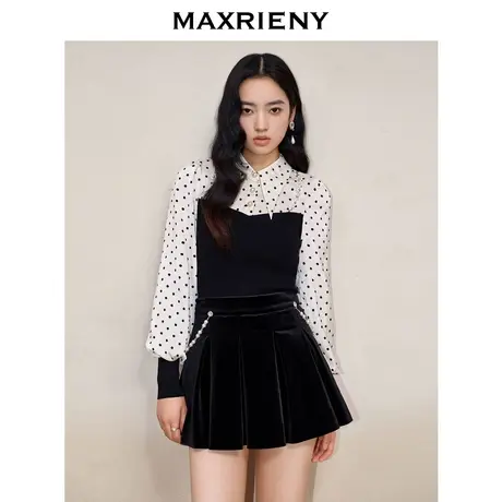 [买4免1]MAXRIENY宫廷复古感波点撞色拼接尖领衬衫针织衫23冬款图片