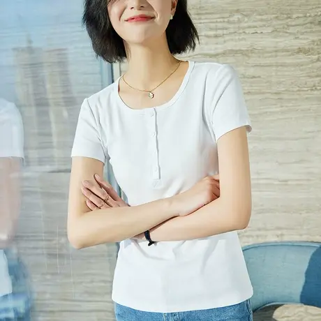 雀后T恤女短袖圆领2023夏季新款白色针织打底衫百搭修身半袖上衣商品大图