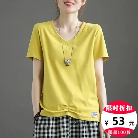 dza 纯棉质小V领短袖t恤女士2022夏季新款白色上衣宽松漂亮打底衫商品大图