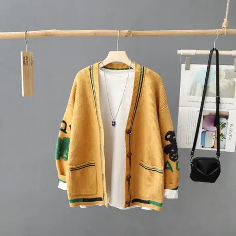 大码外套毛衣女秋冬装2023新款女士加厚宽松V领针织开衫毛针织衫图片