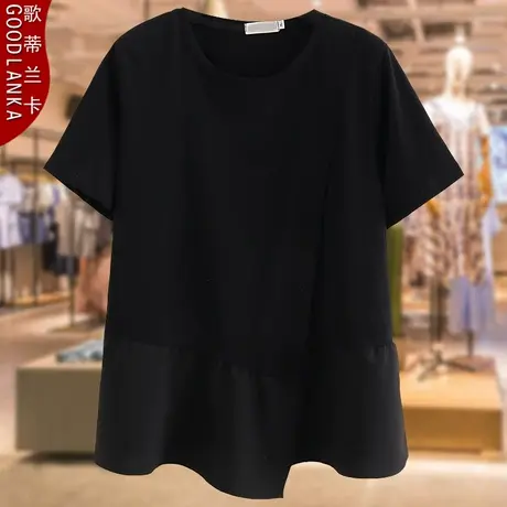 中年加大码女装40岁妈妈装夏季拼接短袖T恤洋气时尚宽松纯棉上衣商品大图