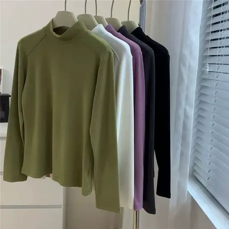 双面德绒半高领打底衫女2023秋冬显瘦弹力内搭设计感拼接长袖T恤商品大图