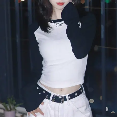 早秋2024新款修身圆领打底衫辣妹复古美式正肩长袖t恤插肩上衣女商品大图