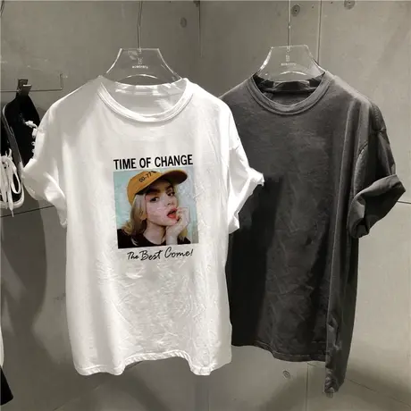 2023新款春夏季白色仿棉短袖t恤女宽松大码欧货小众设计感上衣潮商品大图