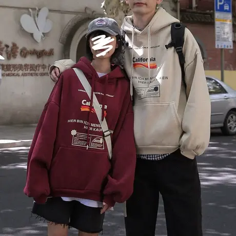 港味复古vintage酒红色连帽卫衣女宽松加绒加厚情侣装bf慵懒风潮商品大图