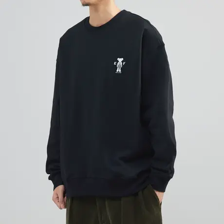 卡通贴布黑色圆领男士卫衣2022春秋季微宽松潮流休闲上衣韩版外套图片