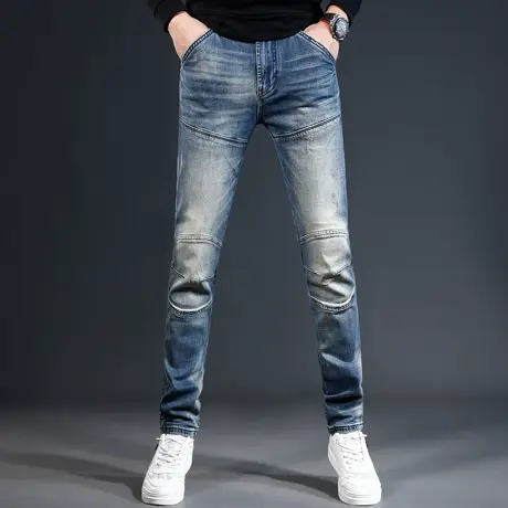 美式牛仔裤男2023秋冬新款蓝色机车修身小脚弹力百搭男士高街裤子商品大图