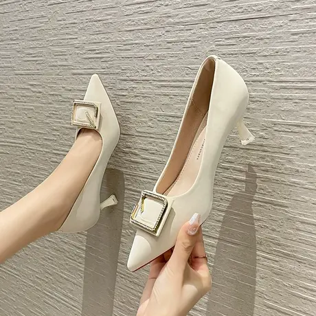尖头高跟鞋女2024年春秋新款百搭浅口水钻方扣细跟工作鞋职业单鞋图片