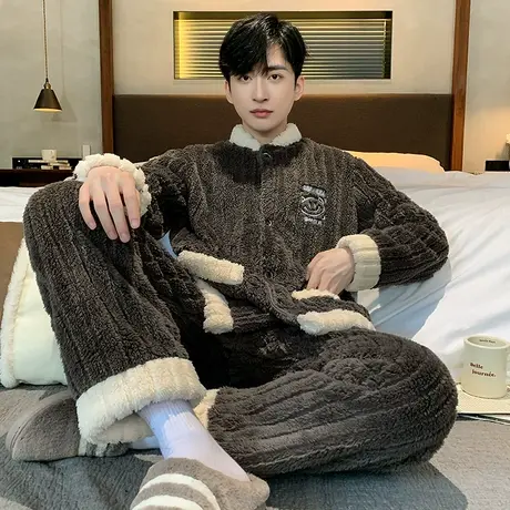 睡衣男款珊瑚绒冬季2023新款加绒加厚男士秋冬款家居服法兰绒套装图片