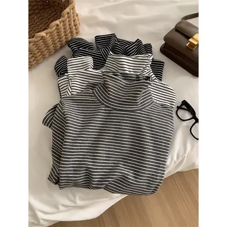 德绒加厚保暖半高领打底衫女秋冬装宽松显瘦条纹长袖T恤加绒百搭商品大图