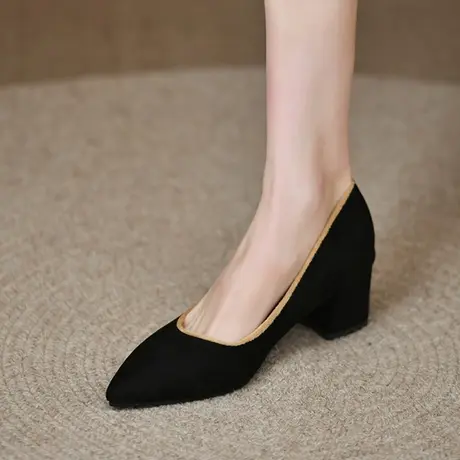 工作鞋女黑色粗跟细跟单鞋软底舒适上班面试尖头职业高跟小码女鞋商品大图